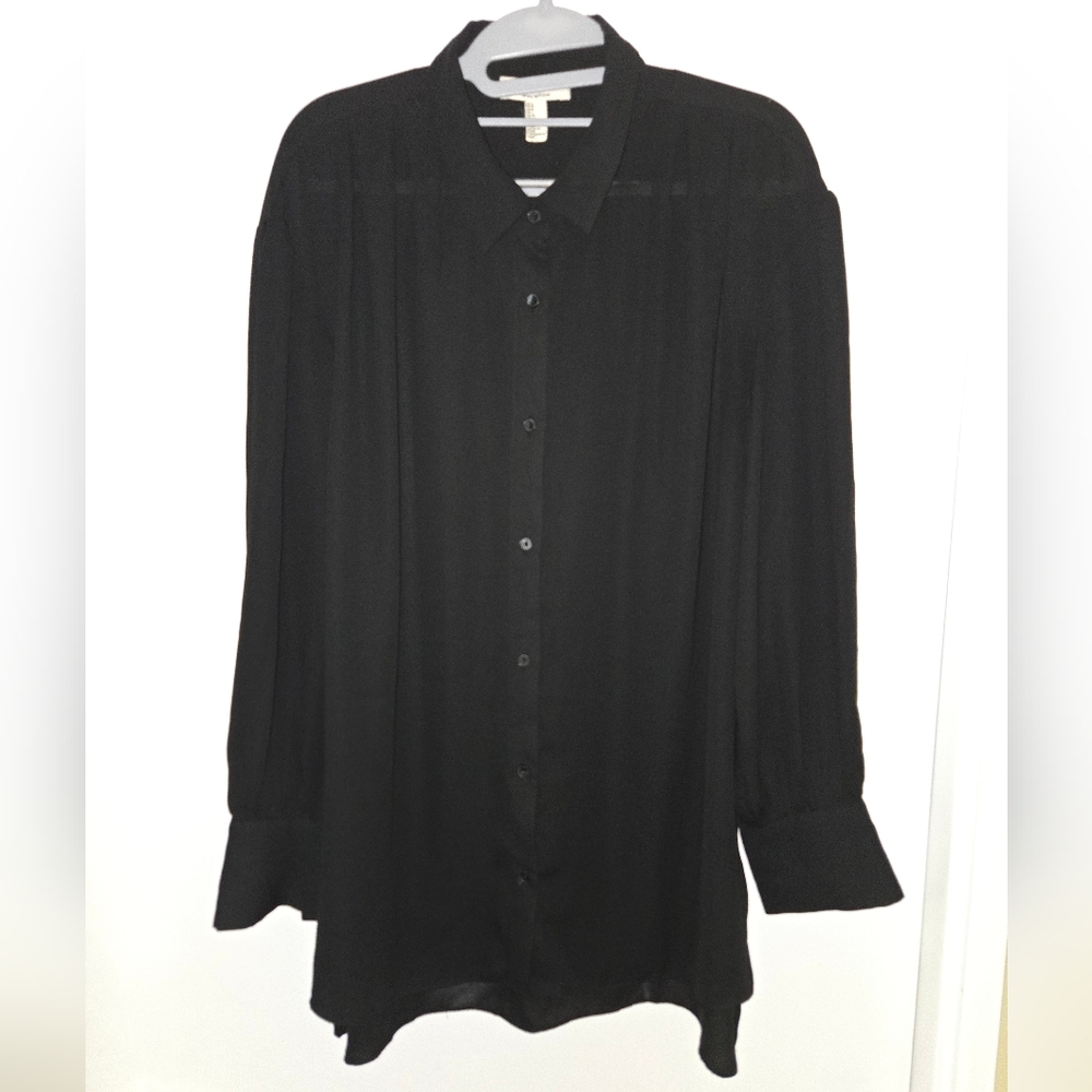H By Halston Black Casual Button Down Shirt Size L Women's